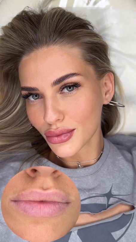 Porträt einer Frau mit vollem Make-up und betonten Lippen, darunter ein Nahaufnahme ihrer Lippen.